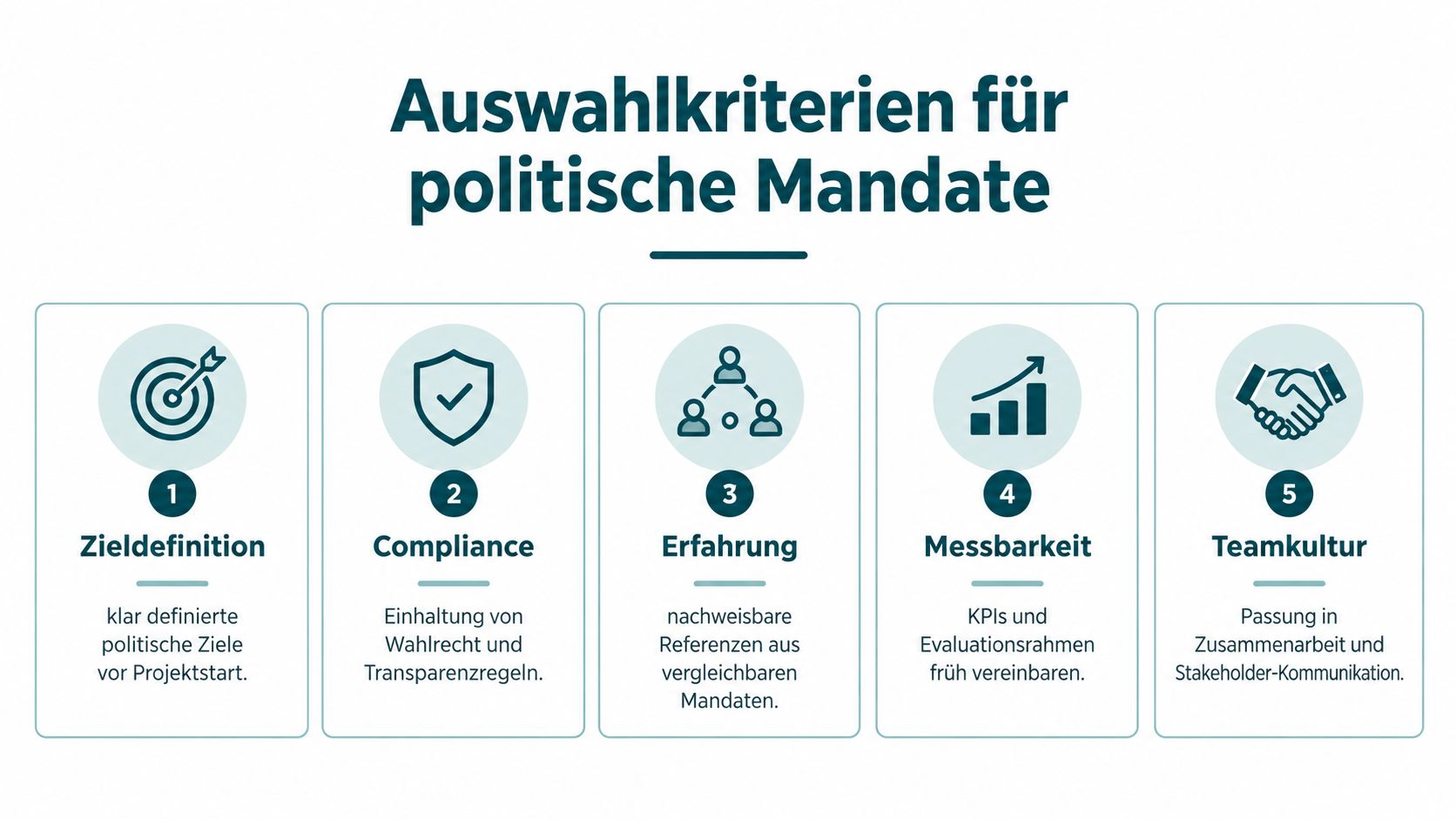 Grafik zur Übersicht der fünf Auswahlkriterien für die Vergabe politischer Mandate mit Symbolen und erklärendem Text.