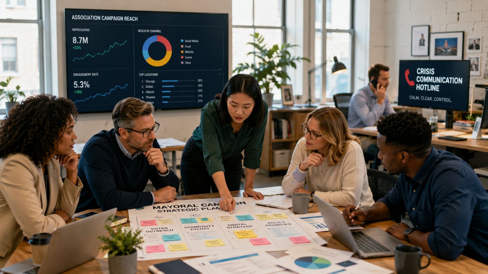 Ein diversifiziertes Team arbeitet in einem modernen Büro gemeinsam an einem strategischen Plan für eine Wahlkampagne.
