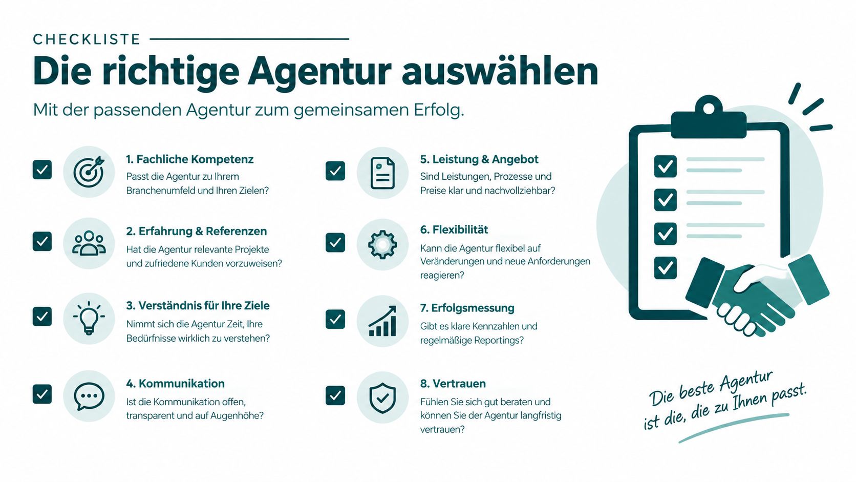 Checkliste mit acht wichtigen Punkten zur Auswahl der passenden Werbeagentur für eine erfolgreiche Zusammenarbeit.