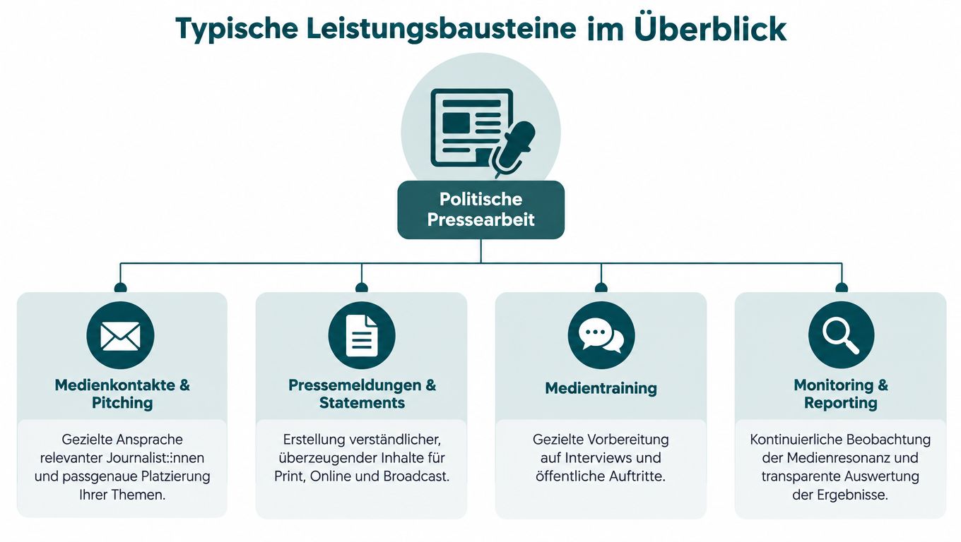 Eine Übersichtsgrafik, die die vier Hauptleistungen der politischen Pressearbeit inklusive Medientraining und Monitoring darstellt.