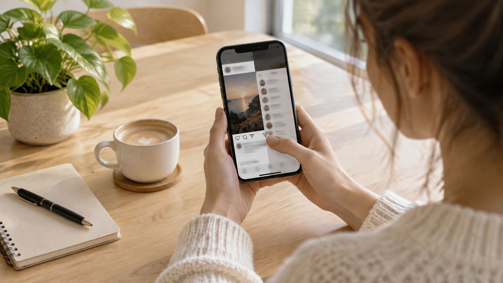 Eine Frau hält ein Smartphone in der Hand und teilt einen Instagram-Beitrag an einem sonnigen Holztisch.