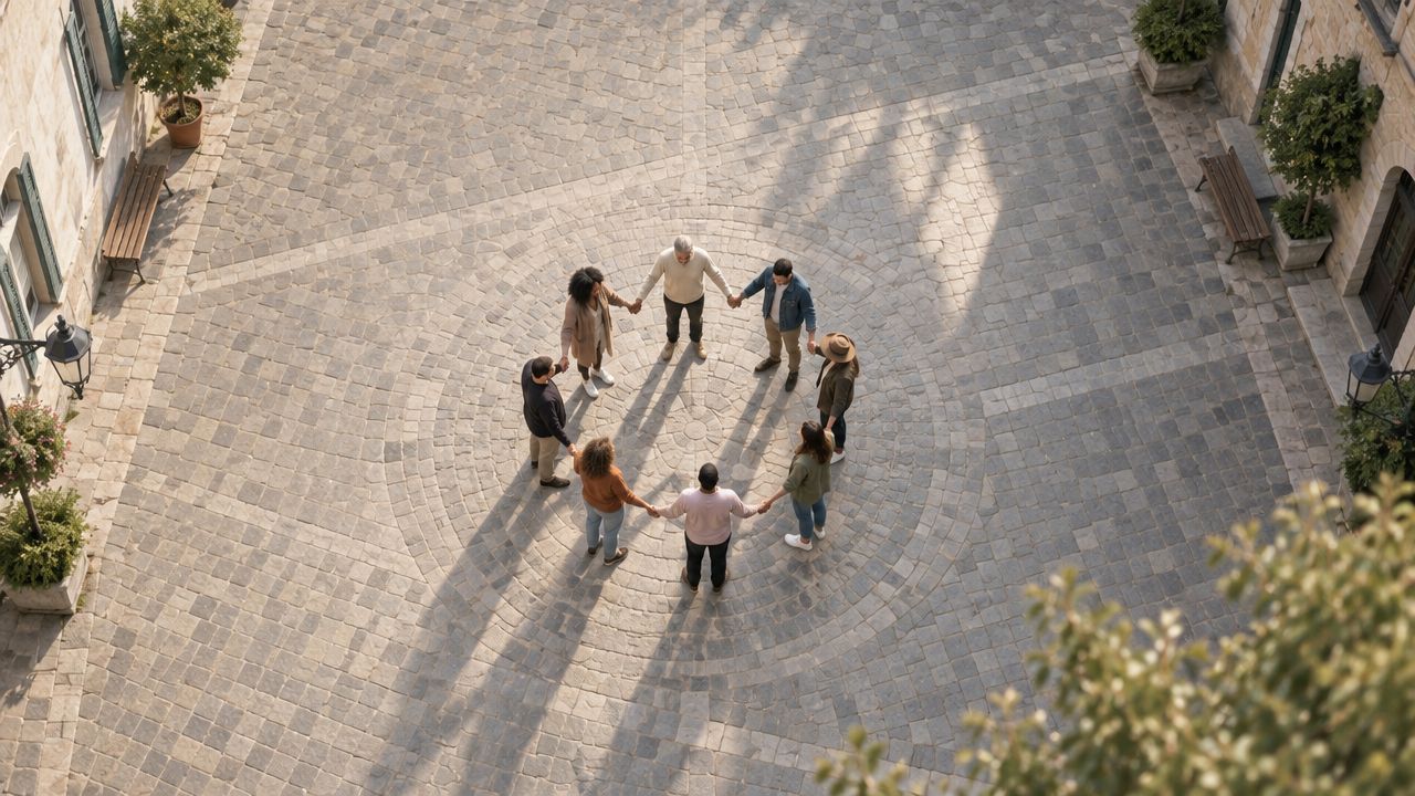 Eine vielfältige Gruppe von Menschen steht in einem Kreis auf einem gepflasterten Platz und hält sich an Händen.