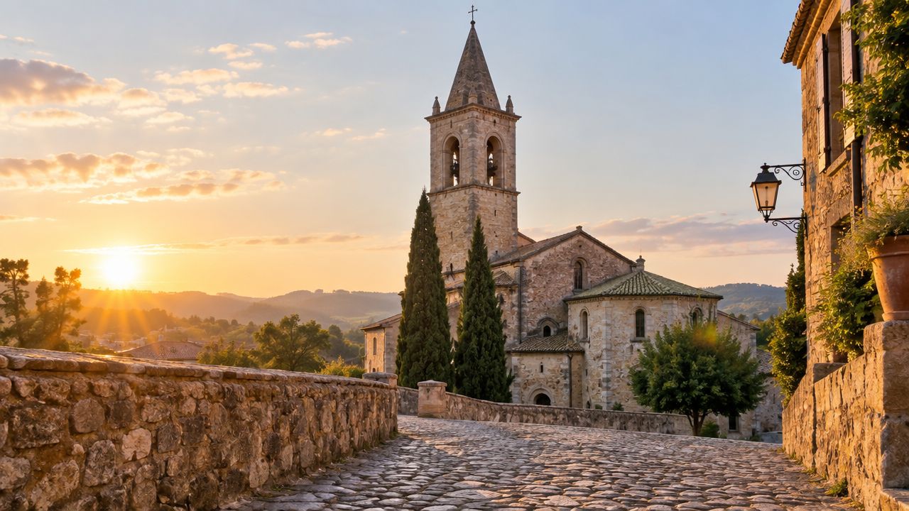 Ein malerisches Dorf mit einer historischen Kirche bei Sonnenuntergang und einer gepflasterten Straße in der Vordergrundansicht.