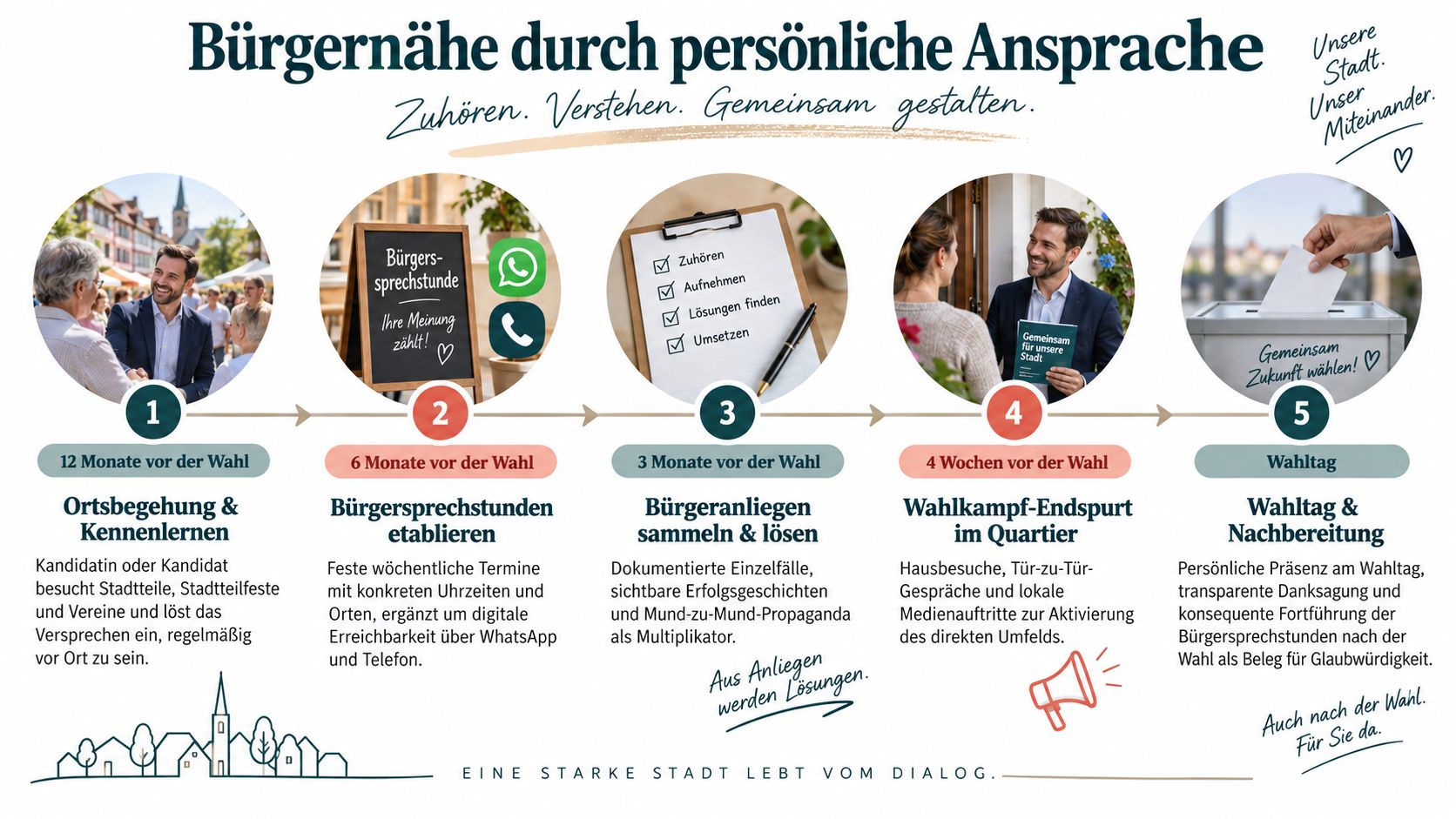 Eine Infografik mit fünf Schritten für einen erfolgreichen Bürgermeisterwahlkampf durch persönlichen Kontakt und Bürgernähe.