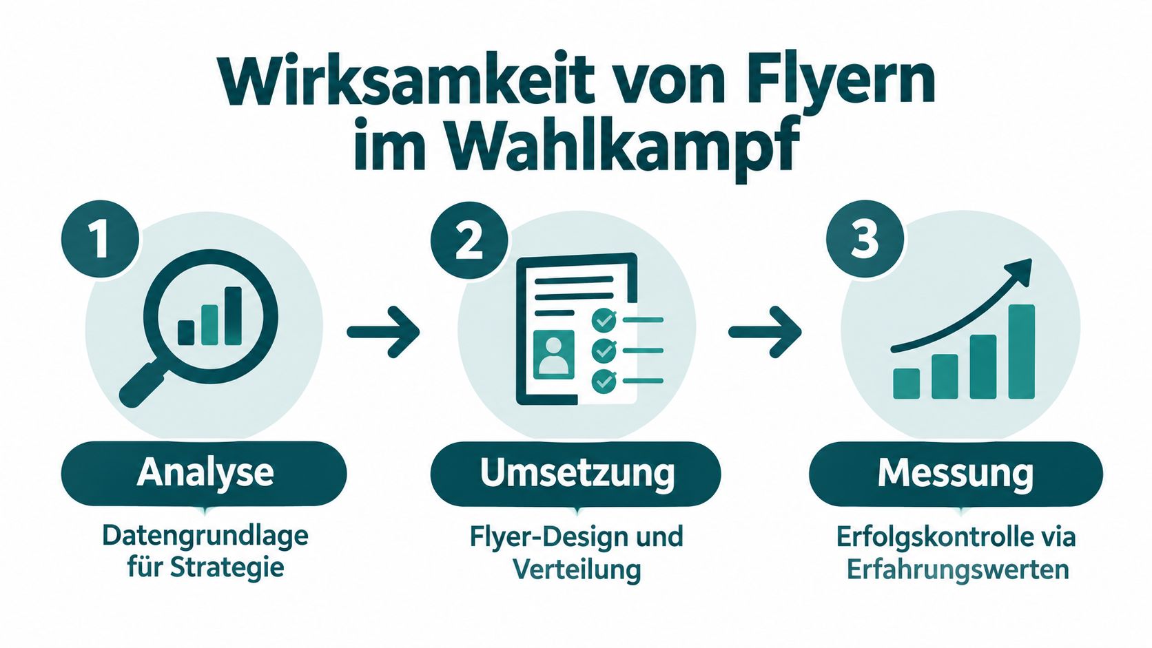Eine Infografik zur Wirksamkeit von Wahlkampf-Flyern in drei Schritten: Analyse, Umsetzung und Erfolgsmessung durch Erfahrungswerte.