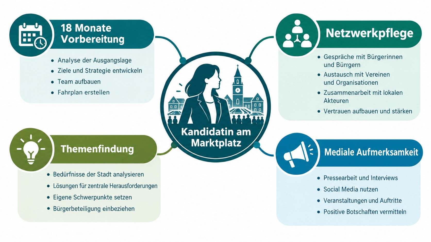 Grafik zur Bürgermeisterwahlkampf-Strategie mit vier Phasen: Vorbereitung, Netzwerkarbeit, Themenfindung und Medienpräsenz für eine Kandidatin am Marktplatz.