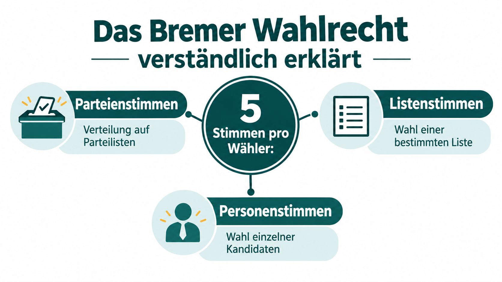 Infografik zum Bremer Wahlrecht, die erklärt, wie Wähler ihre 5 Stimmen auf Parteien, Listen und Kandidaten verteilen können.