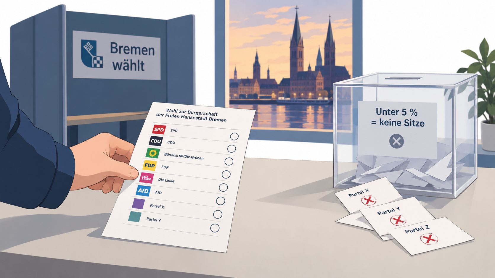 Eine Hand hält einen Wahlzettel für die Bürgerschaftswahl in Bremen vor einer Wahlurne mit Stimmzetteln.