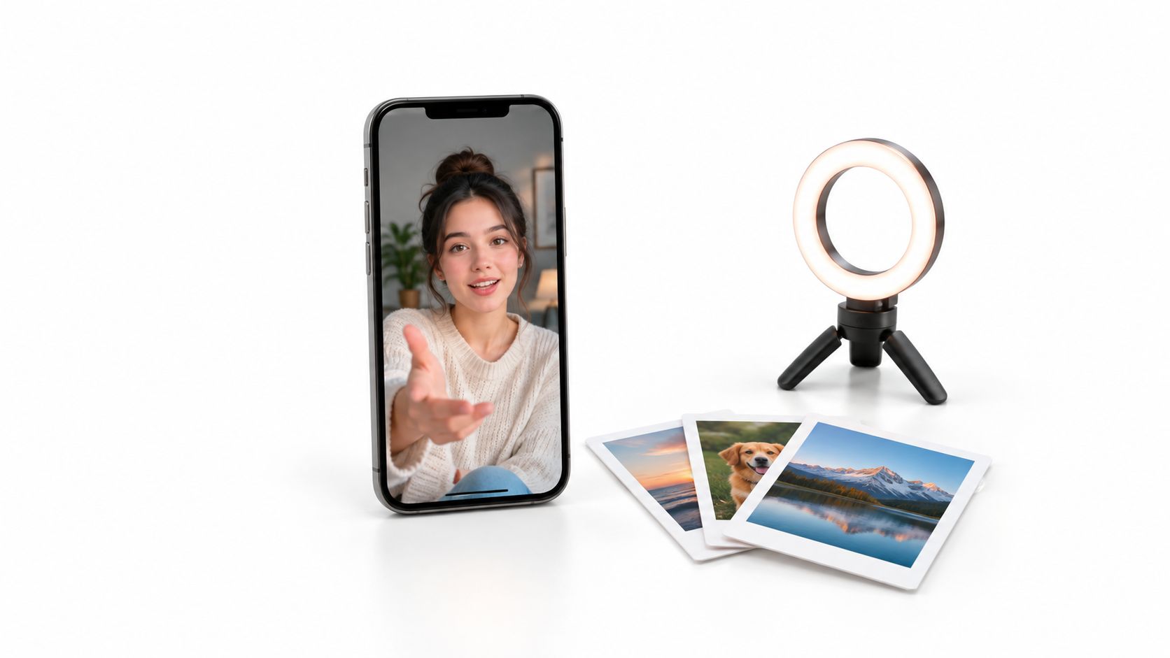 Ein Smartphone zeigt eine junge Frau bei einem Videoanruf neben einem Ringlicht und ausgedruckten Erinnerungsfotos.