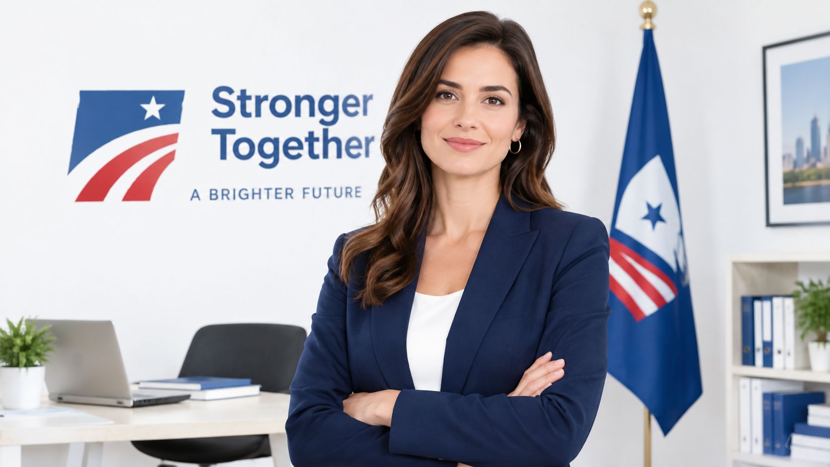 Eine professionelle Politikerin steht mit verschränkten Armen vor einem Firmenlogo mit der Aufschrift Stronger Together.