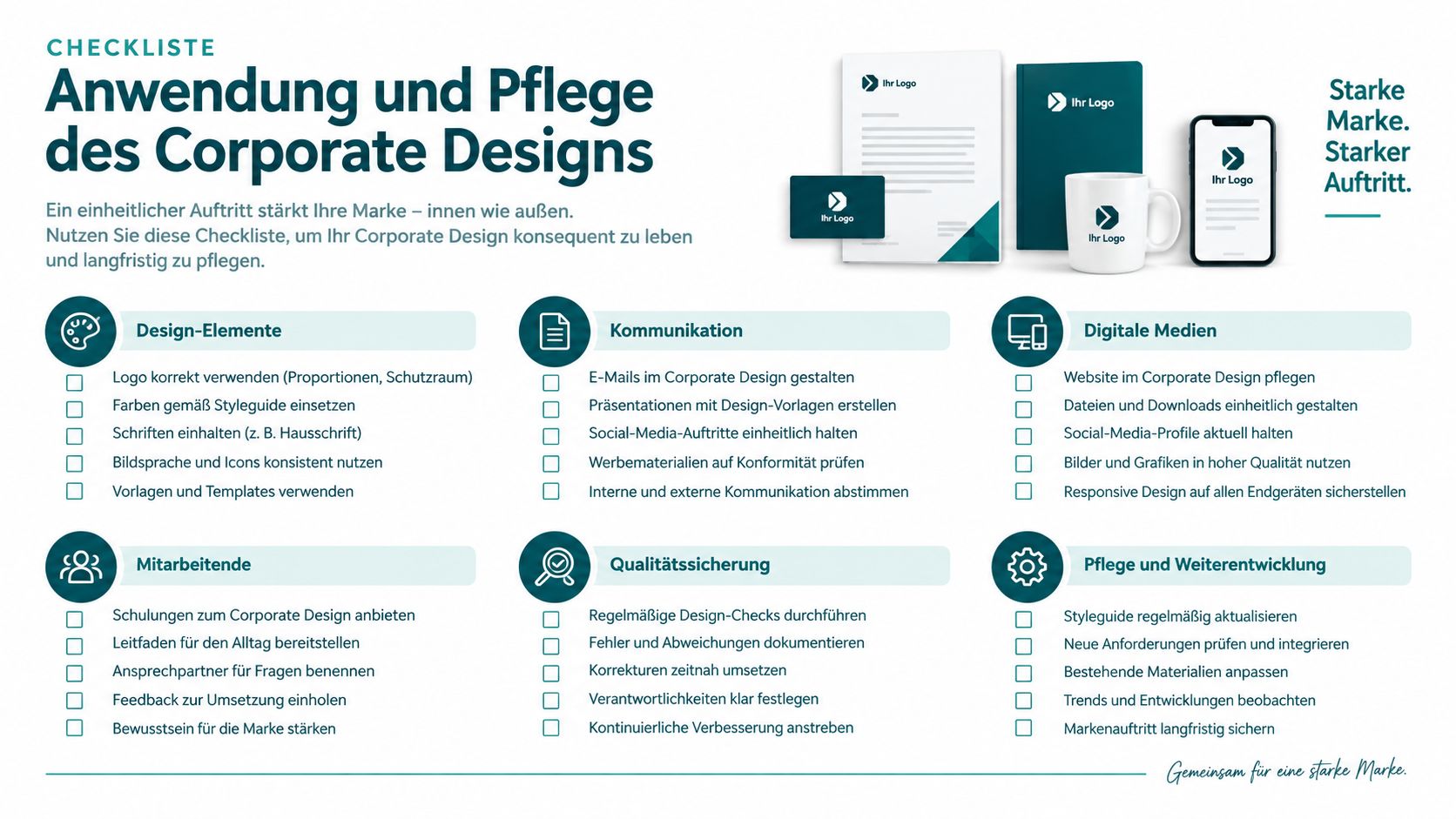 Eine Checkliste für Unternehmen zur konsequenten Anwendung und Pflege ihres Corporate Designs für einen einheitlichen Markenauftritt.