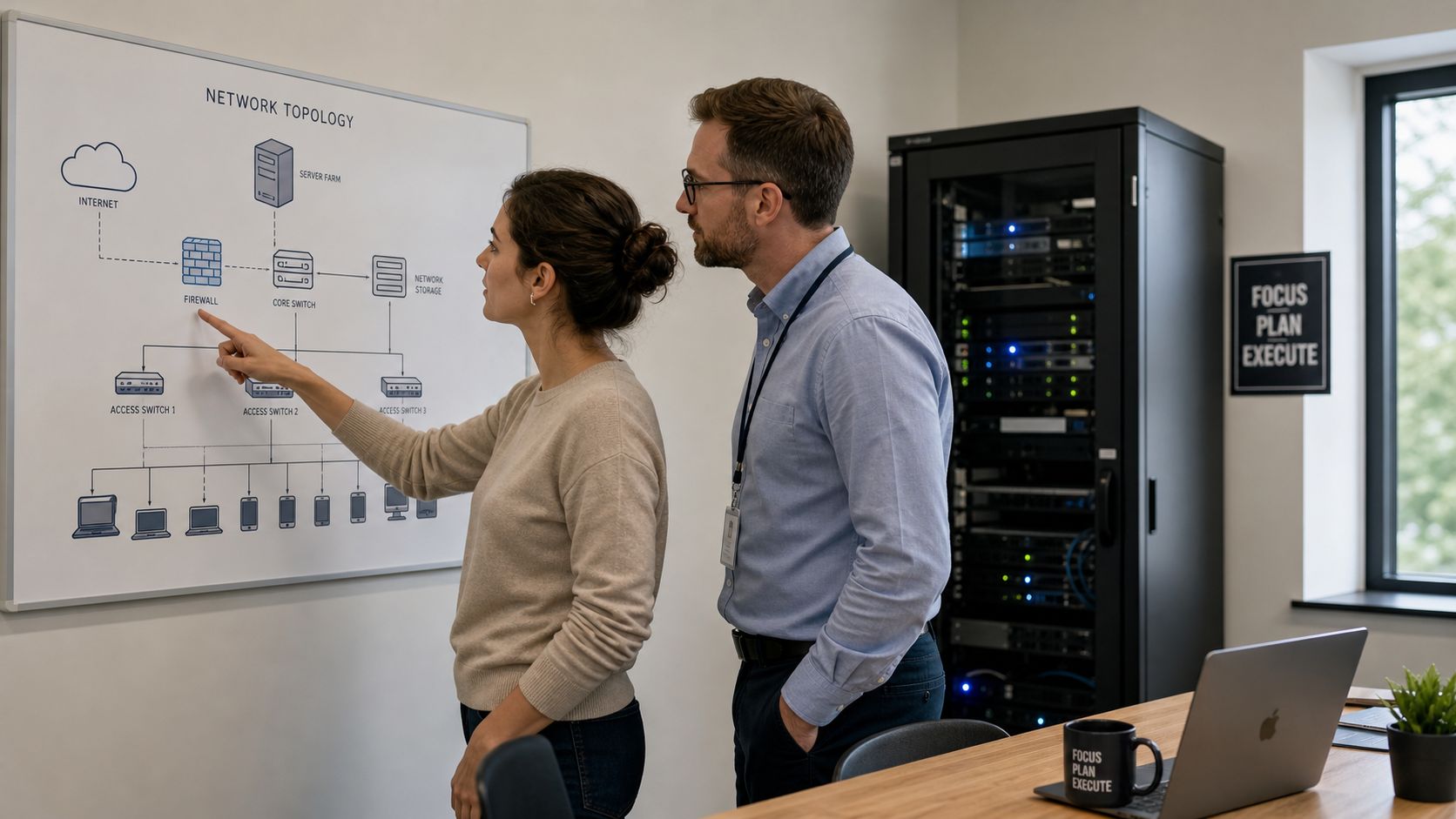 Zwei IT-Spezialisten analysieren gemeinsam eine Netzwerk-Topologie auf einem Whiteboard in einem modernen Büro mit Server-Rack.