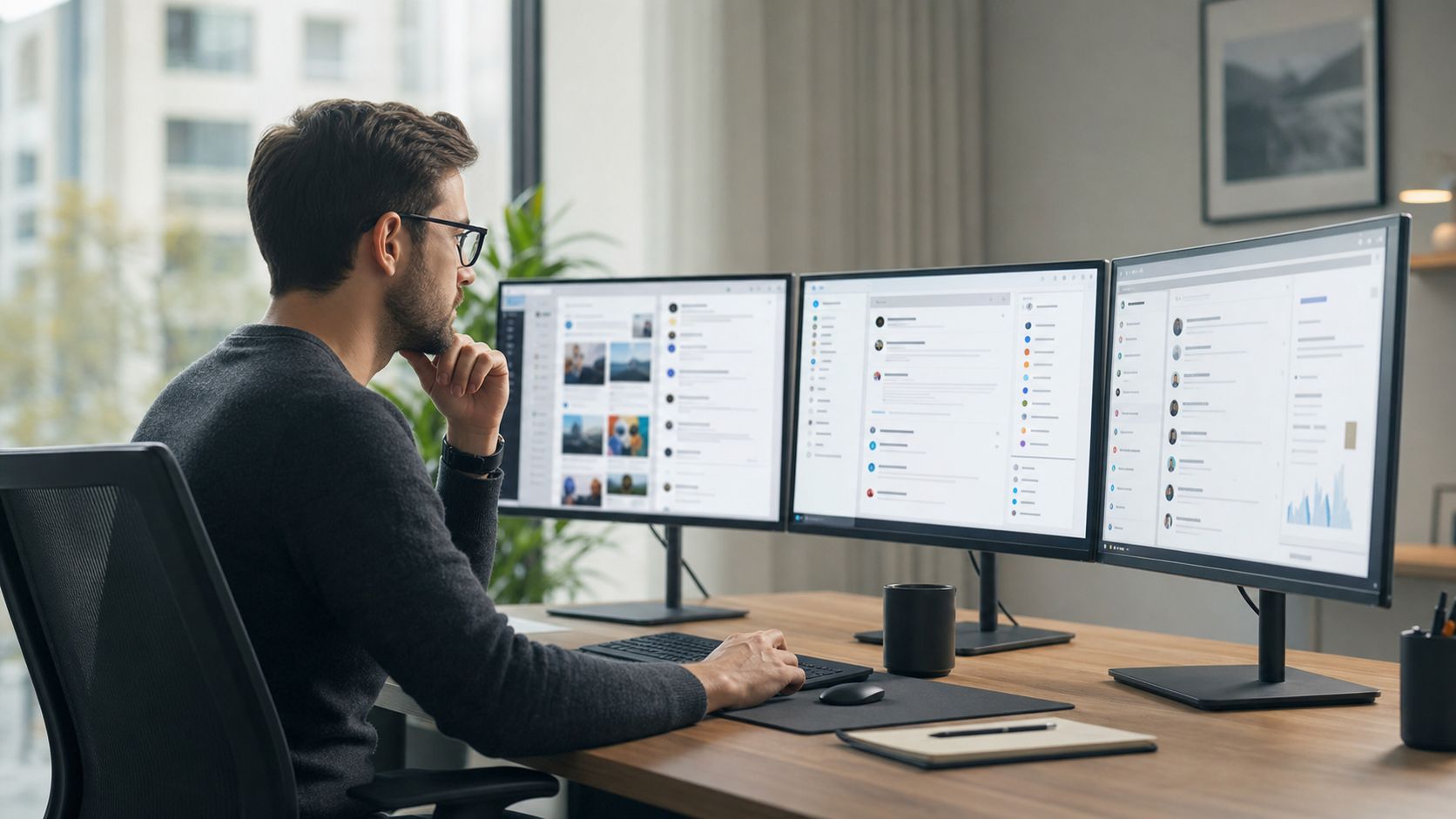 Ein fokussierter Mann arbeitet an seinem Schreibtisch mit drei Monitoren an einer digitalen Krisenkommunikationsstrategie in einem Büro.