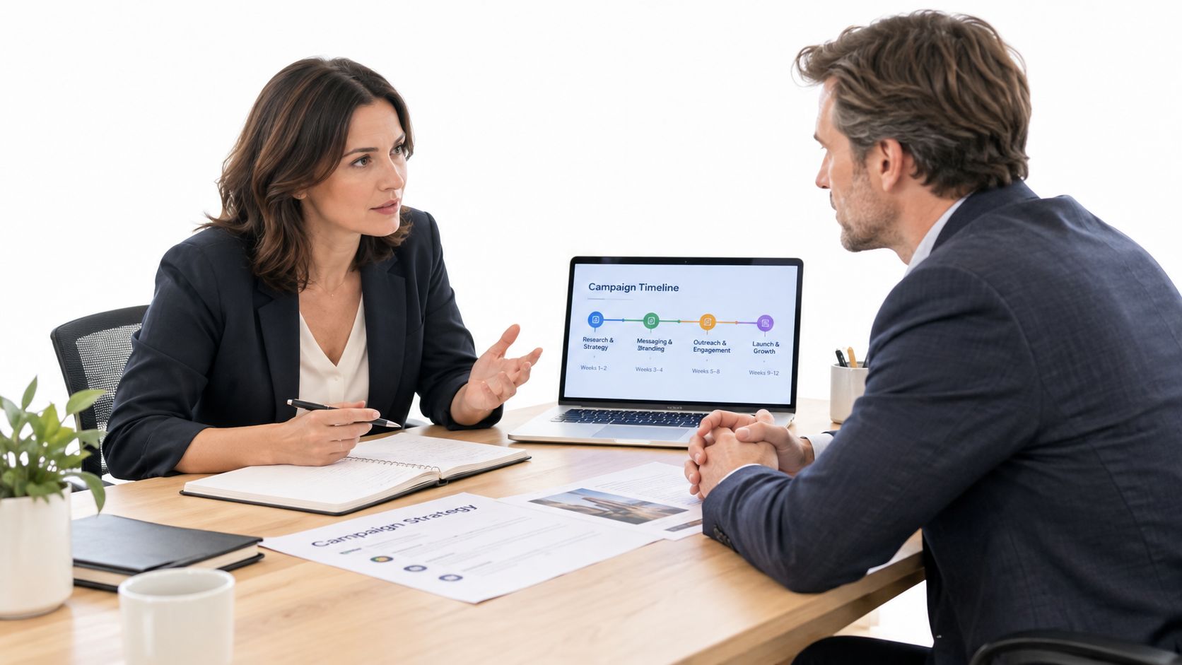 Zwei Geschäftspartner führen eine professionelle Besprechung über eine Kampagnenstrategie an einem Schreibtisch mit Laptop und Unterlagen.