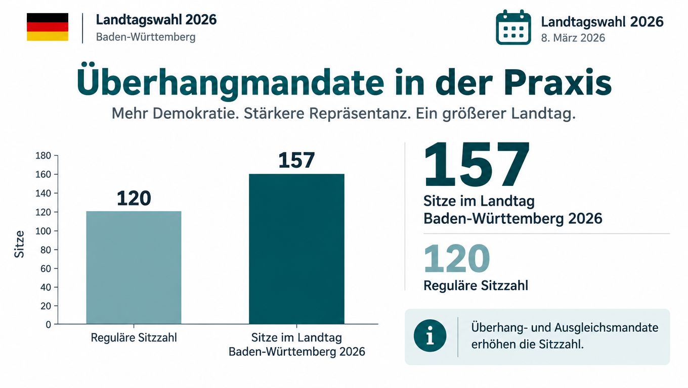 Grafik zur Landtagswahl 2026 in Baden-Württemberg zeigt die Differenz zwischen regulärer Sitzzahl und tatsächlichen Mandaten im Landtag.
