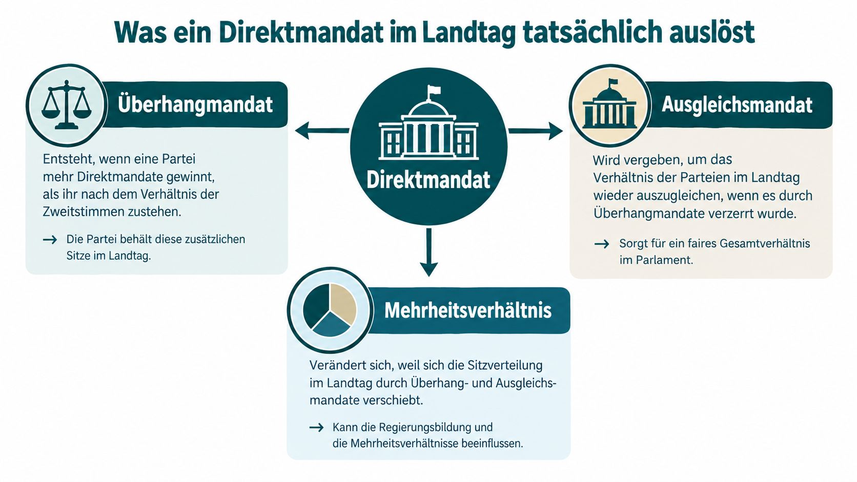 Grafik zur Erläuterung der Auswirkungen eines Direktmandats bei Landtagswahlen auf Überhangmandate, Ausgleichsmandate und das Mehrheitsverhältnis im Parlament.