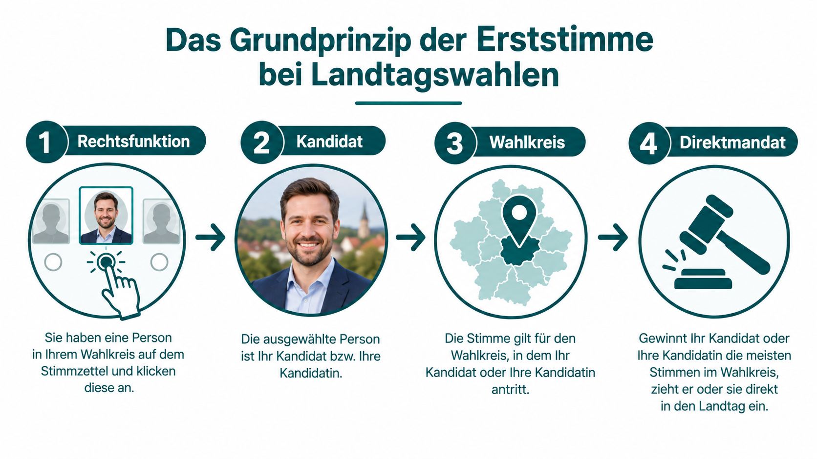 Eine Infografik erklärt das Prinzip der Erststimme bei Landtagswahlen in vier einfachen Schritten von der Wahl bis zum Direktmandat.