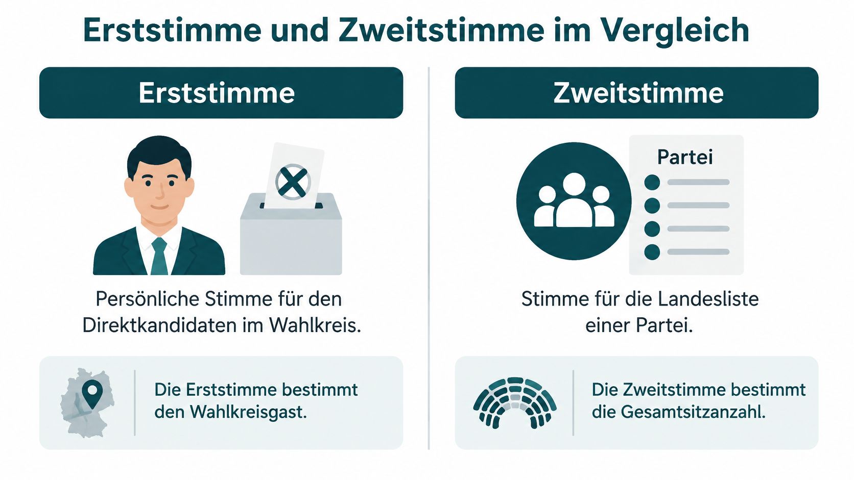 Eine Infografik, die den Unterschied zwischen Erststimme und Zweitstimme bei deutschen Bundestagswahlen anschaulich erklärt.