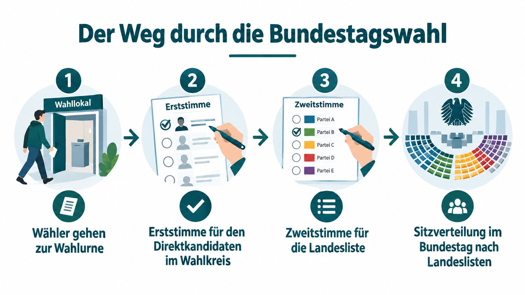 Eine Infografik zeigt den Weg durch die Bundestagswahl von der Stimmabgabe bis zur Sitzverteilung im Parlament.
