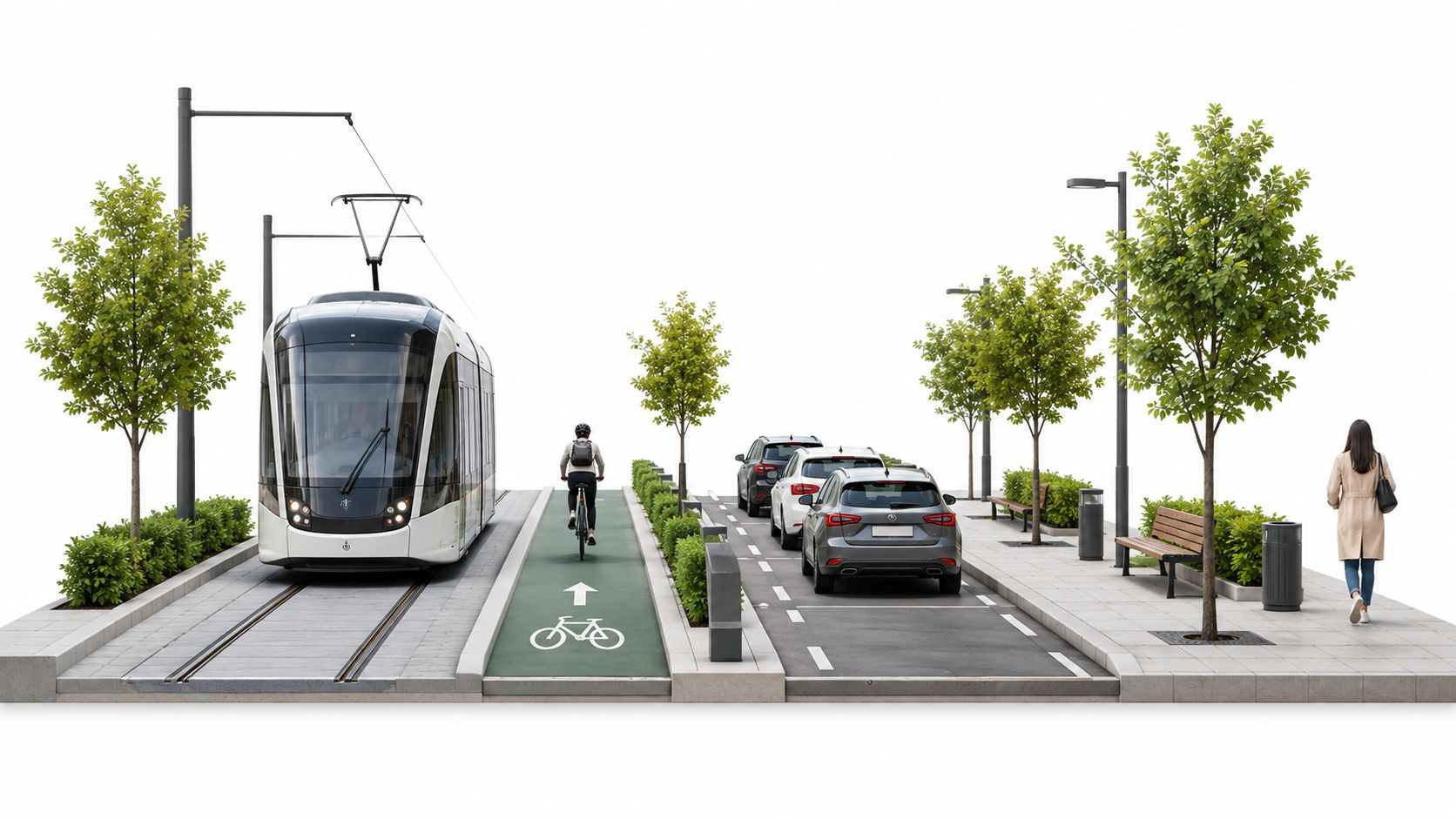 Moderne Stadtstraße mit Straßenbahn, Fahrradweg, Autos und Fußgängern für eine nachhaltige urbane Verkehrsplanung.
