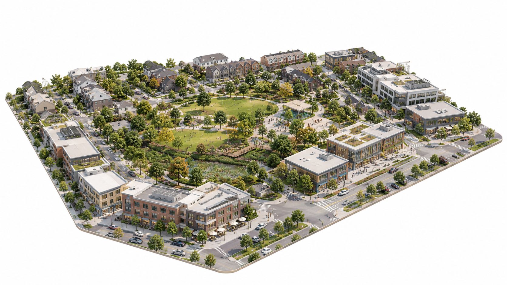 Eine moderne Wohnsiedlung mit Parkanlagen, Grünflächen und kommerziellen Gebäuden in einer urbanen Planungsvisualisierung aus der Vogelperspektive.