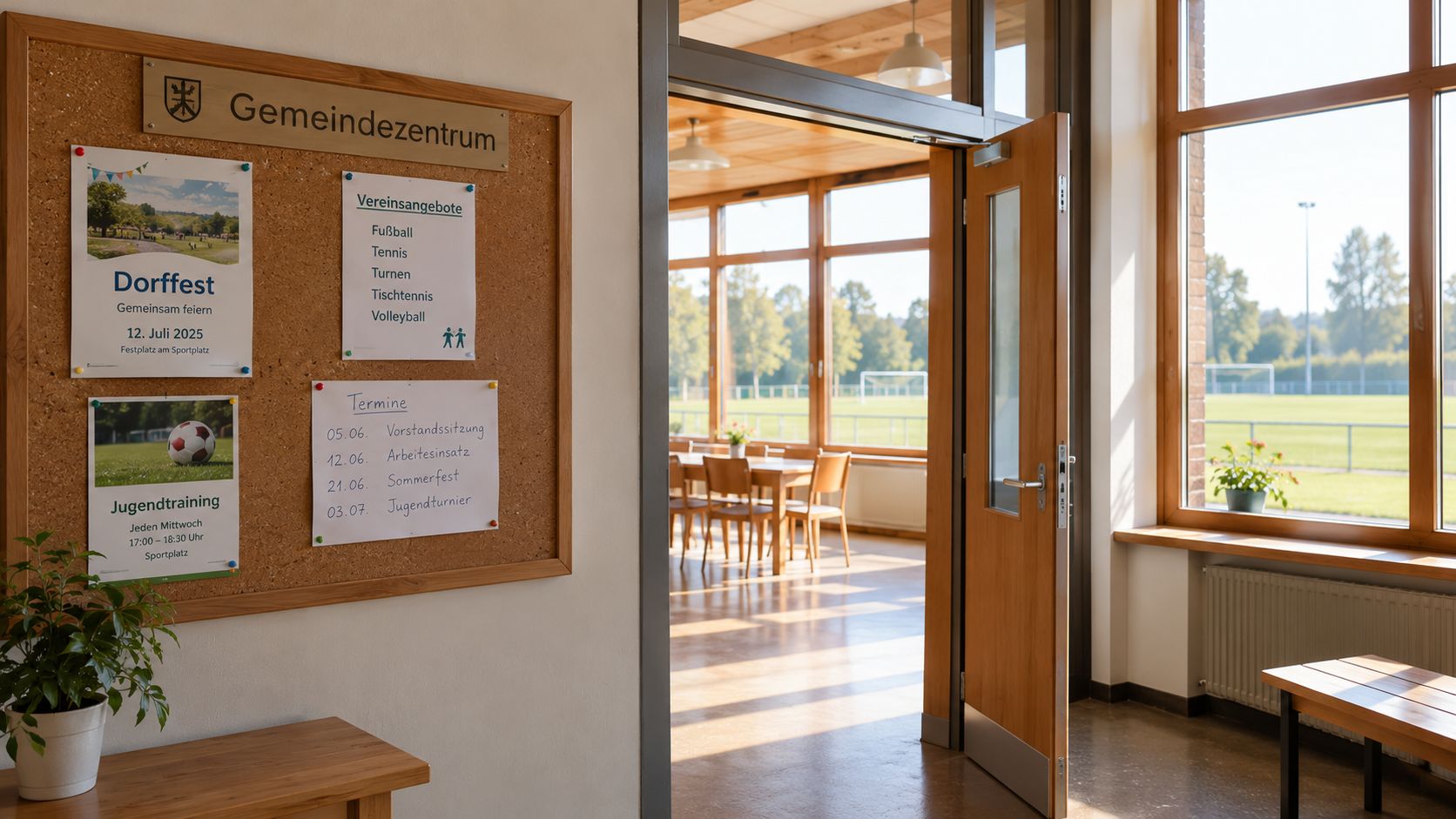 Ein Gemeindezentrum mit einem Anschlagbrett voller Vereinsinformationen und einem Blick durch die offene Tür auf Sportplätze.