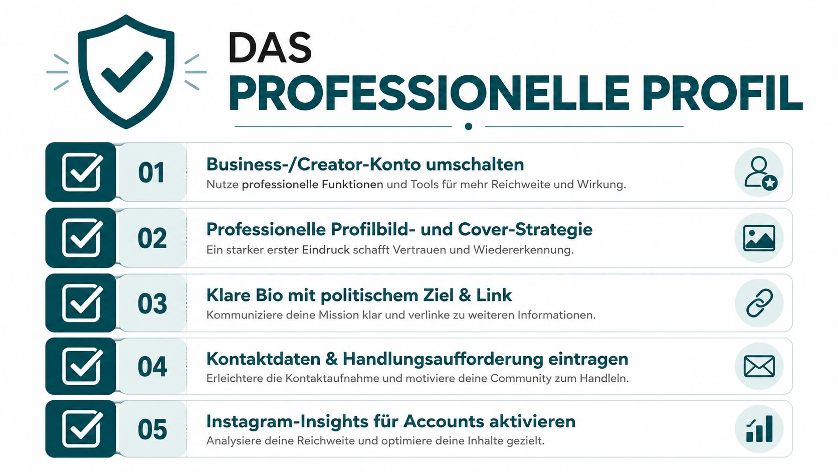 Eine Infografik mit fünf Schritten zur Erstellung eines professionellen Instagram-Profils für mehr Reichweite und Interaktion.