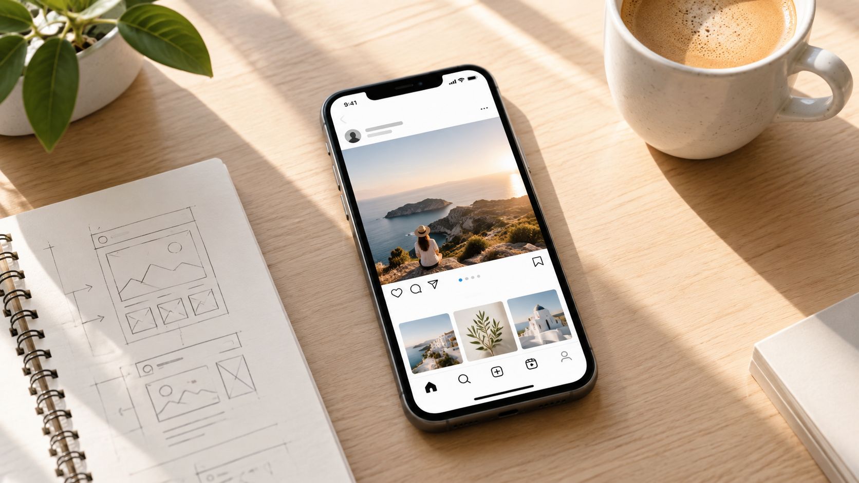 Ein Smartphone auf einem Holztisch zeigt einen Instagram-Karussell-Post mit Urlaubsfotos neben einem Skizzenblock und einer Kaffeetasse.