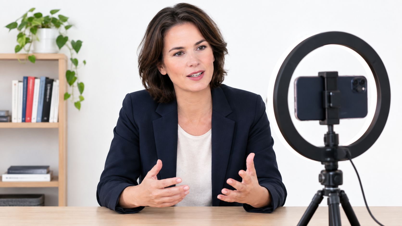 Eine professionelle Frau spricht während einer Videoaufnahme in ein Smartphone, das auf einem Ringlicht befestigt ist.