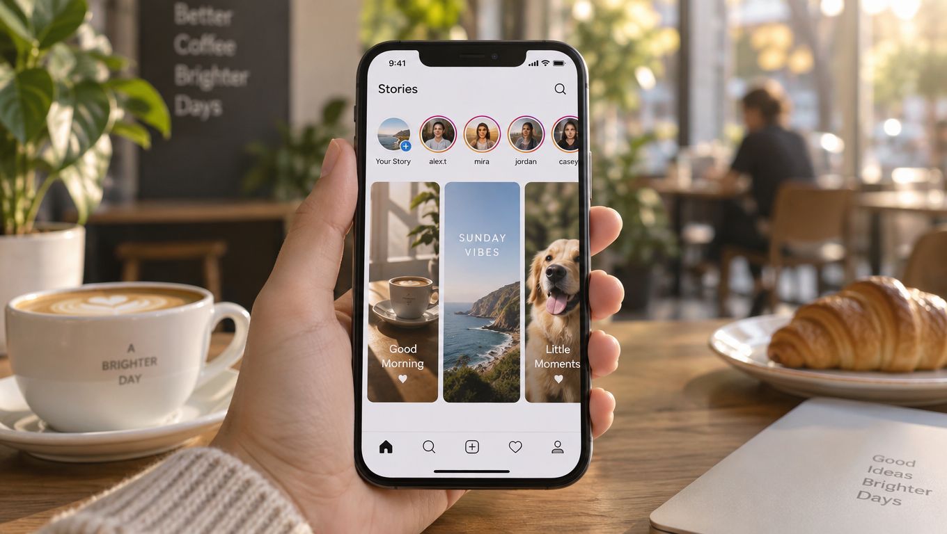 Eine Hand hält ein Smartphone mit der Instagram-App, die eine Story-Übersicht und persönliche Beiträge anzeigt.