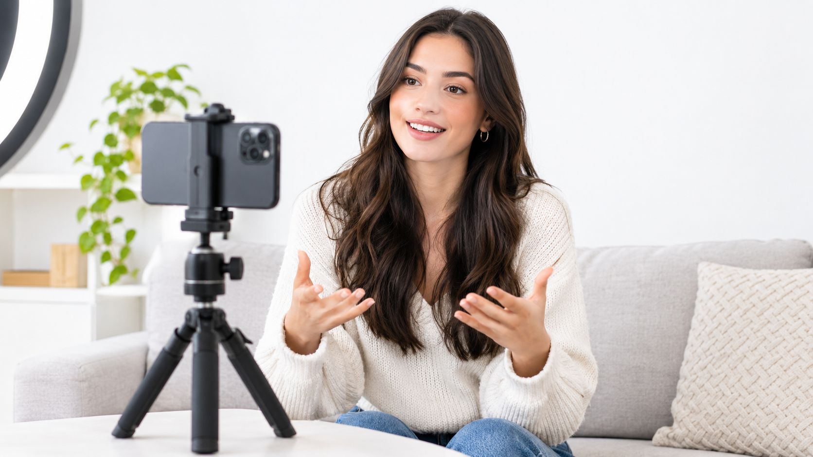 Eine junge Frau nimmt mit ihrem Smartphone auf einem Stativ ein Video für soziale Medien auf.
