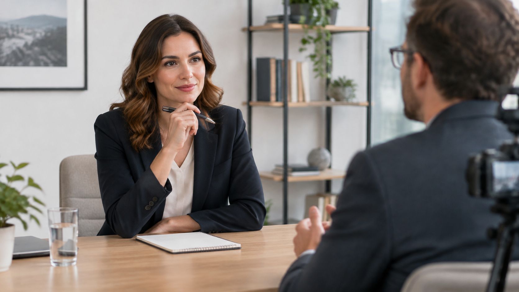 Eine professionelle Frau im Business-Anzug führt ein aufschlussreiches Interview mit einem Mann in einem hellen Büro.