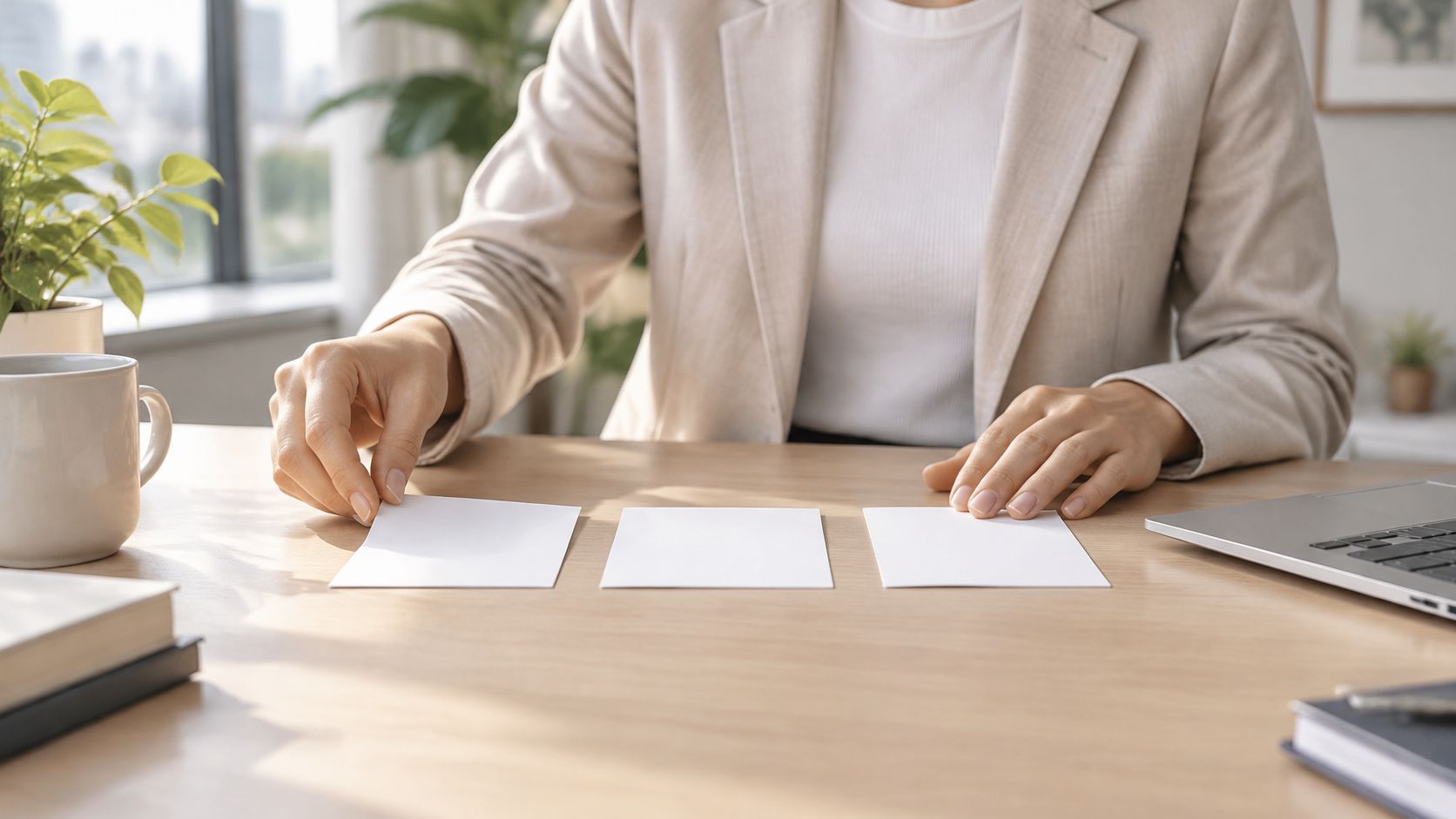 Eine Person in einem beigen Blazer legt drei leere weiße Karten auf einen hölzernen Schreibtisch im Büro.