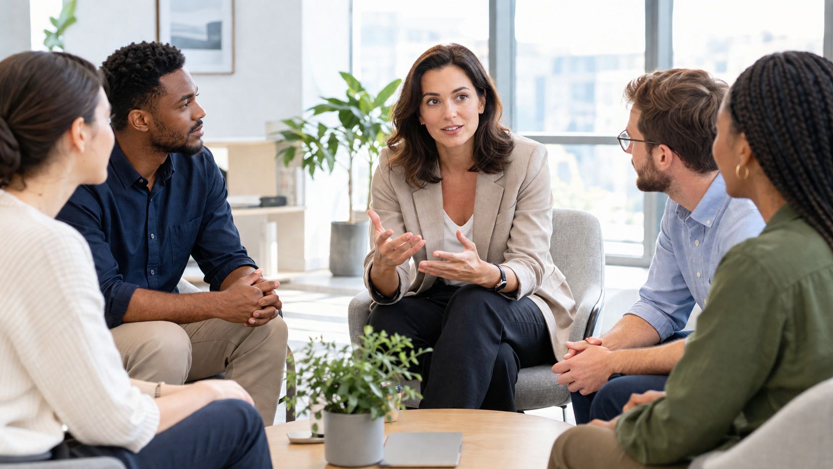 Ein diversifiziertes Team von Fachleuten führt ein professionelles Meeting in einem hellen, modernen Bürokomplex durch.