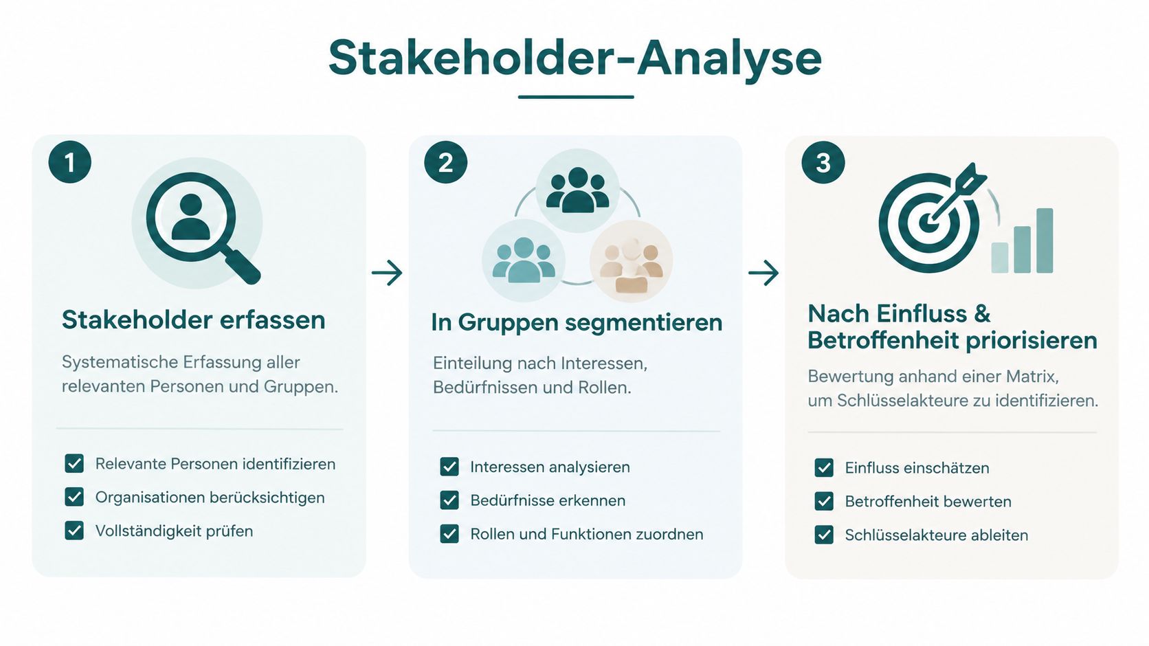 Eine Infografik zur Stakeholder-Analyse mit drei Schritten zur Erfassung, Segmentierung und Priorisierung von beteiligten Personen und Gruppen.