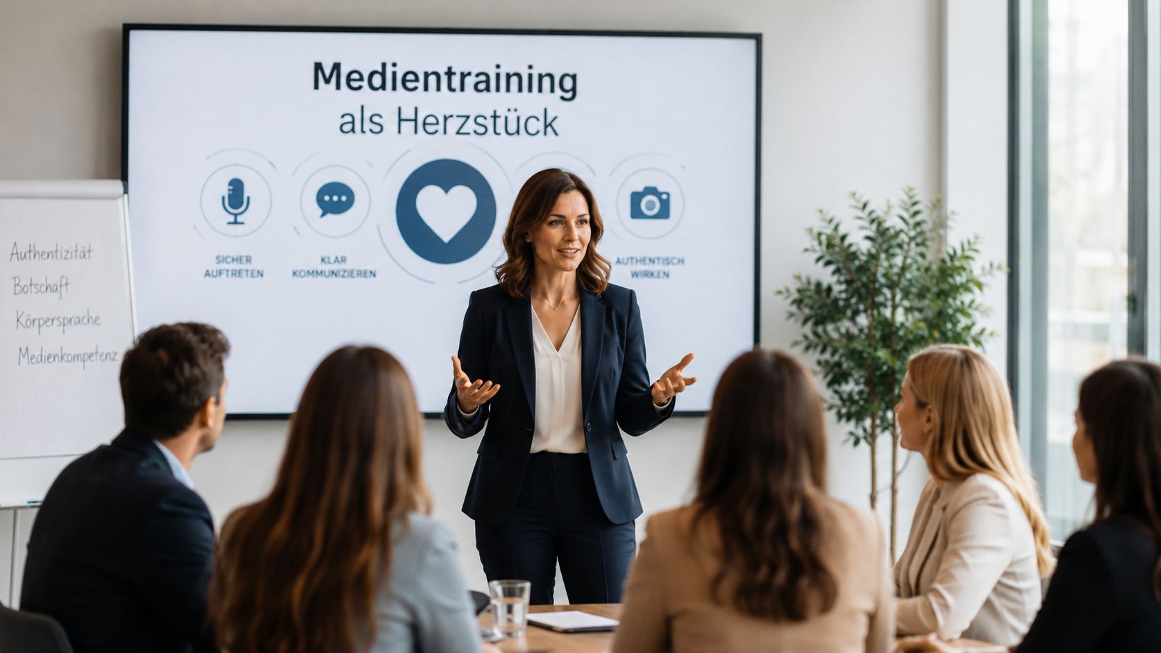 Eine professionelle Trainerin präsentiert Konzepte der Medientraining vor einer Gruppe von Mitarbeitern in einem Konferenzraum.