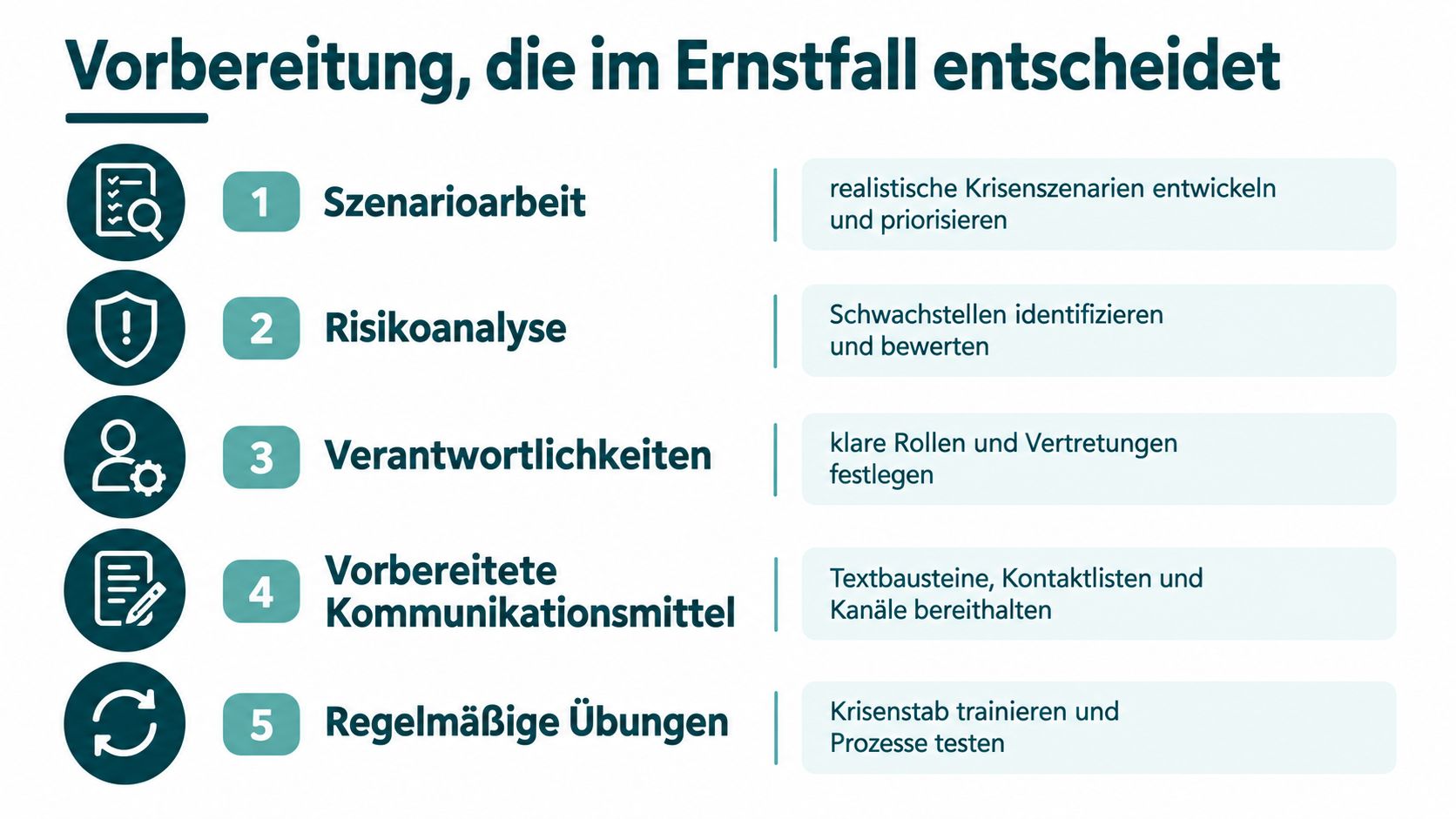 Eine Grafik zeigt fünf wichtige Schritte zur Vorbereitung auf Unternehmens-Krisen wie Szenarioarbeit, Risikoanalyse, Verantwortlichkeiten und regelmäßige Trainings.