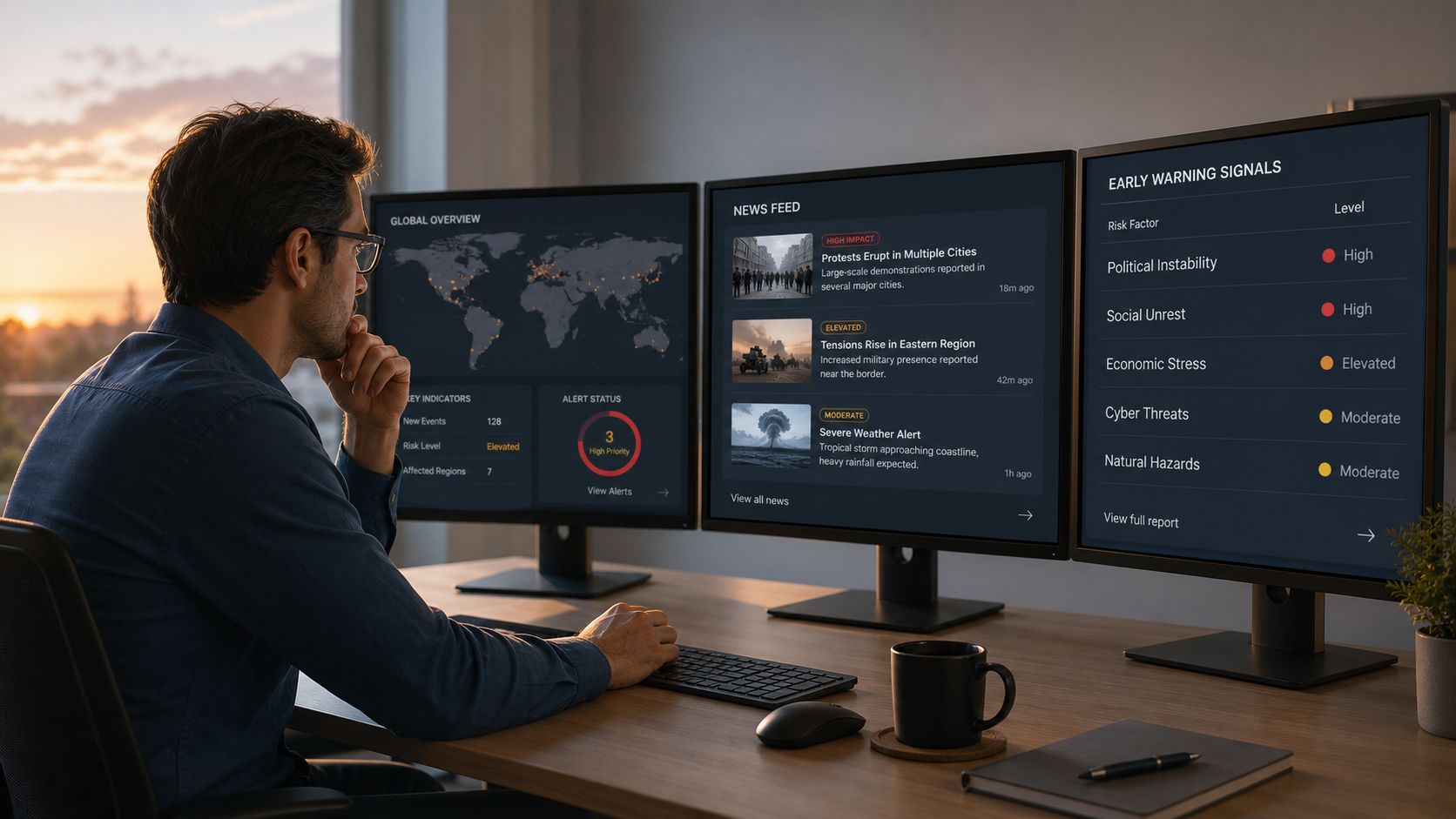 Ein Mann arbeitet an einem Schreibtisch mit drei Monitoren, die globale Risikodaten und Sicherheitsinformationen in einem modernen Büro anzeigen.