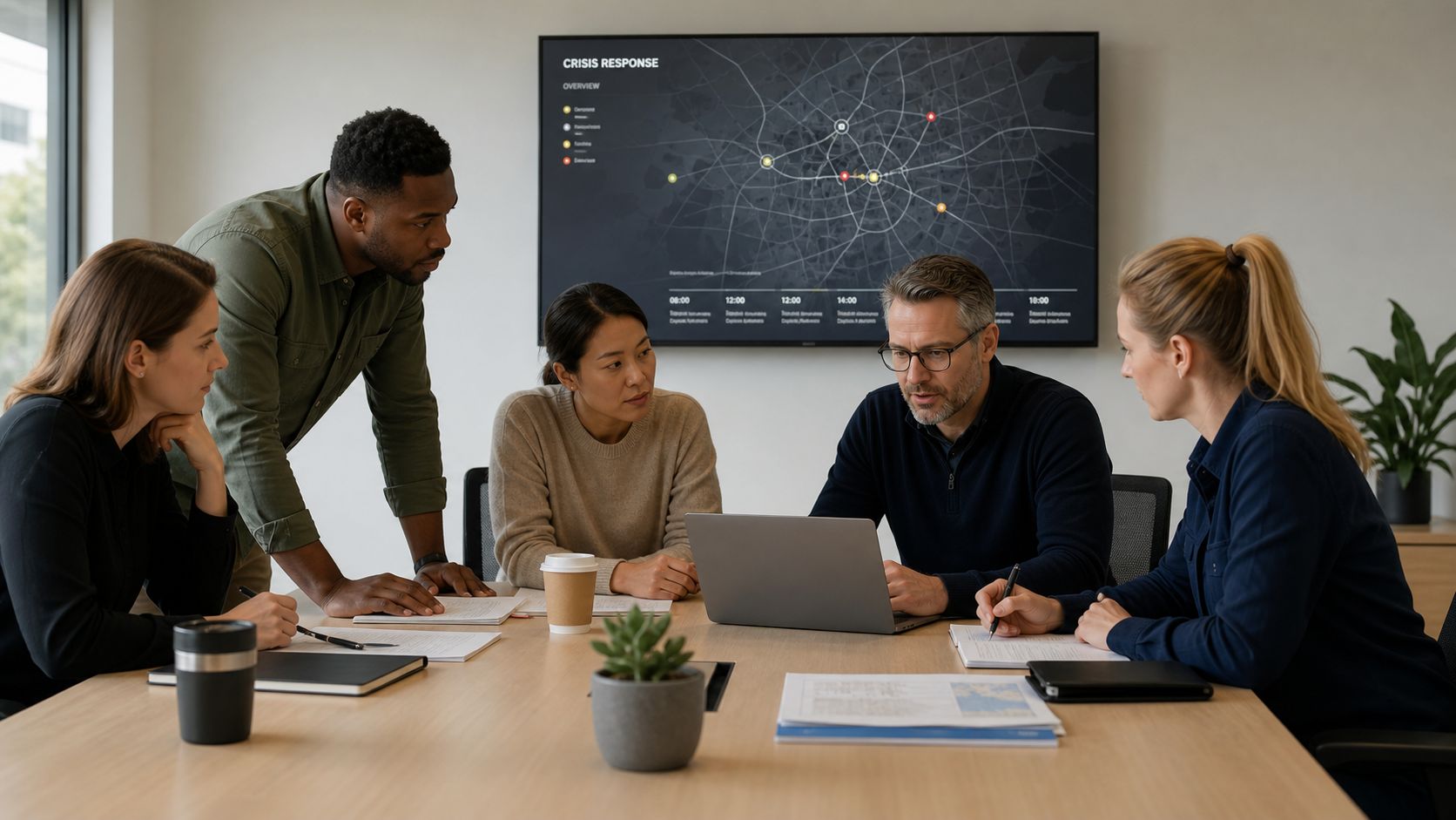 Ein professionelles Team bespricht eine Krisenstrategie in einem modernen Büro vor einem digitale Bildschirm mit Karten.