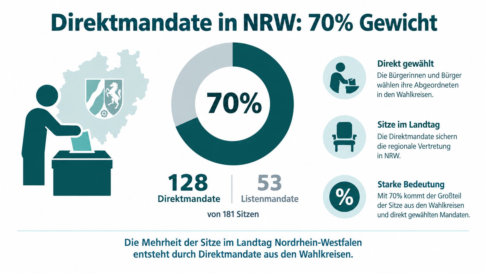 Infografik zur Bedeutung der Direktmandate bei der Landtagswahl in Nordrhein-Westfalen mit Fokus auf 70 Prozent Sitzanteil.