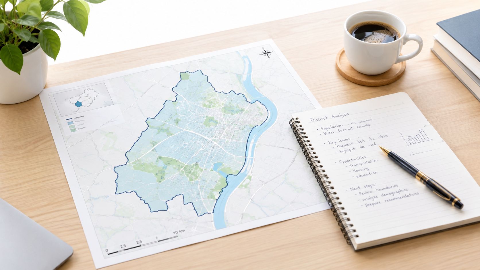Ein Schreibtisch mit einer Karte der Landtagswahlkreise, einem Notizbuch für District Analysis, einem Stift und Kaffee.