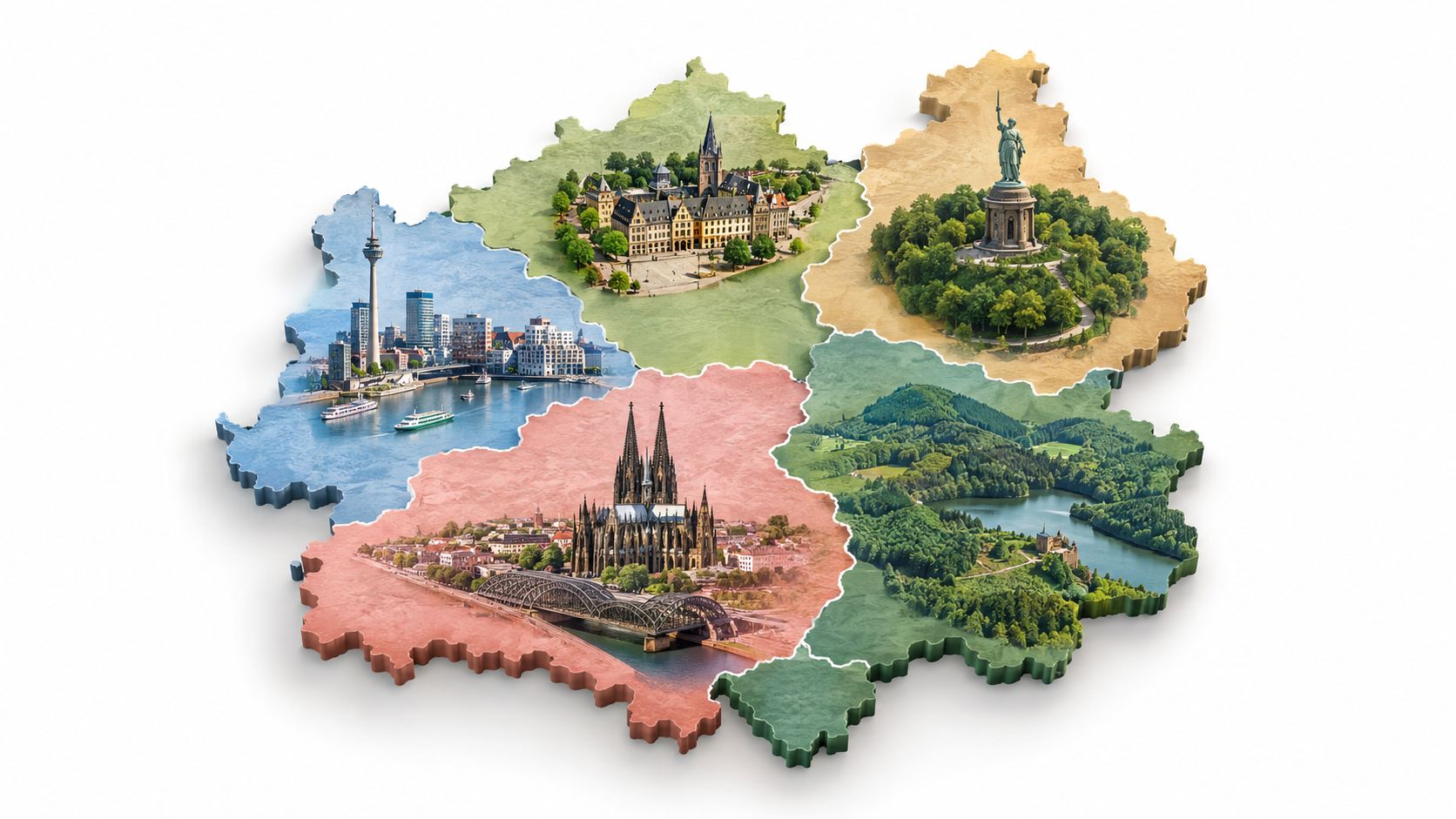 Eine stilisierte Karte von Nordrhein-Westfalen unterteilt in fünf Sektoren mit berühmten Wahrzeichen wie dem Kölner Dom.