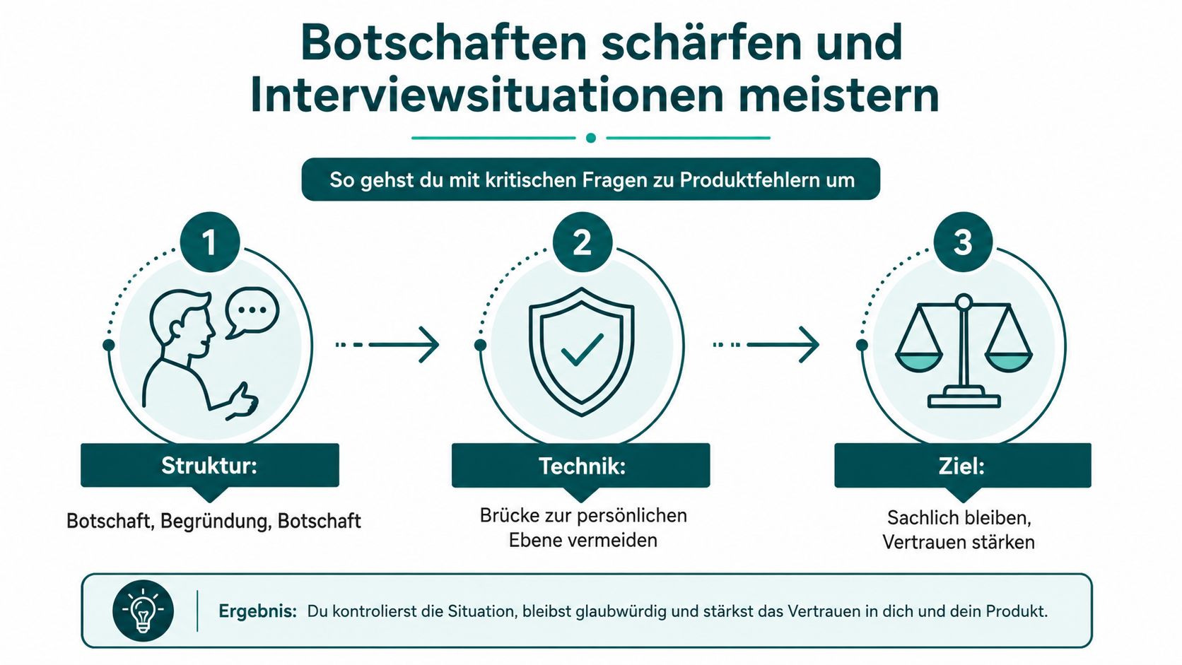 Grafik zur Anleitung, wie man mit kritischen Fragen zu Produktfehlern in Interviewsituationen souverän und strukturiert umgeht.