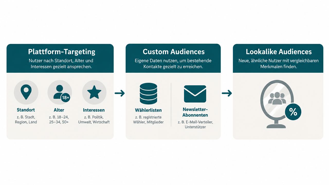 Eine Infografik erklärt verschiedene Methoden des Microtargeting im Wahlkampf mittels Plattform-Targeting, Custom Audiences und Lookalike Audiences.