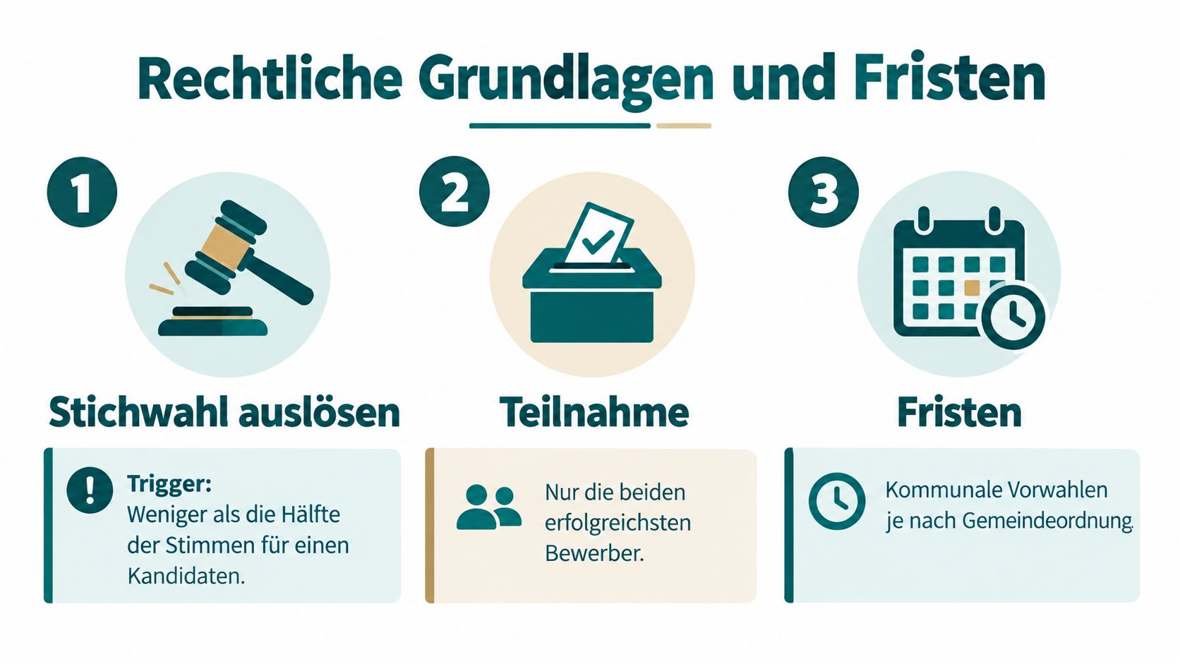 Eine Infografik zur Stichwahl bei Oberbürgermeisterwahlen mit den drei Phasen: Auslöser, Teilnahme und Fristen.