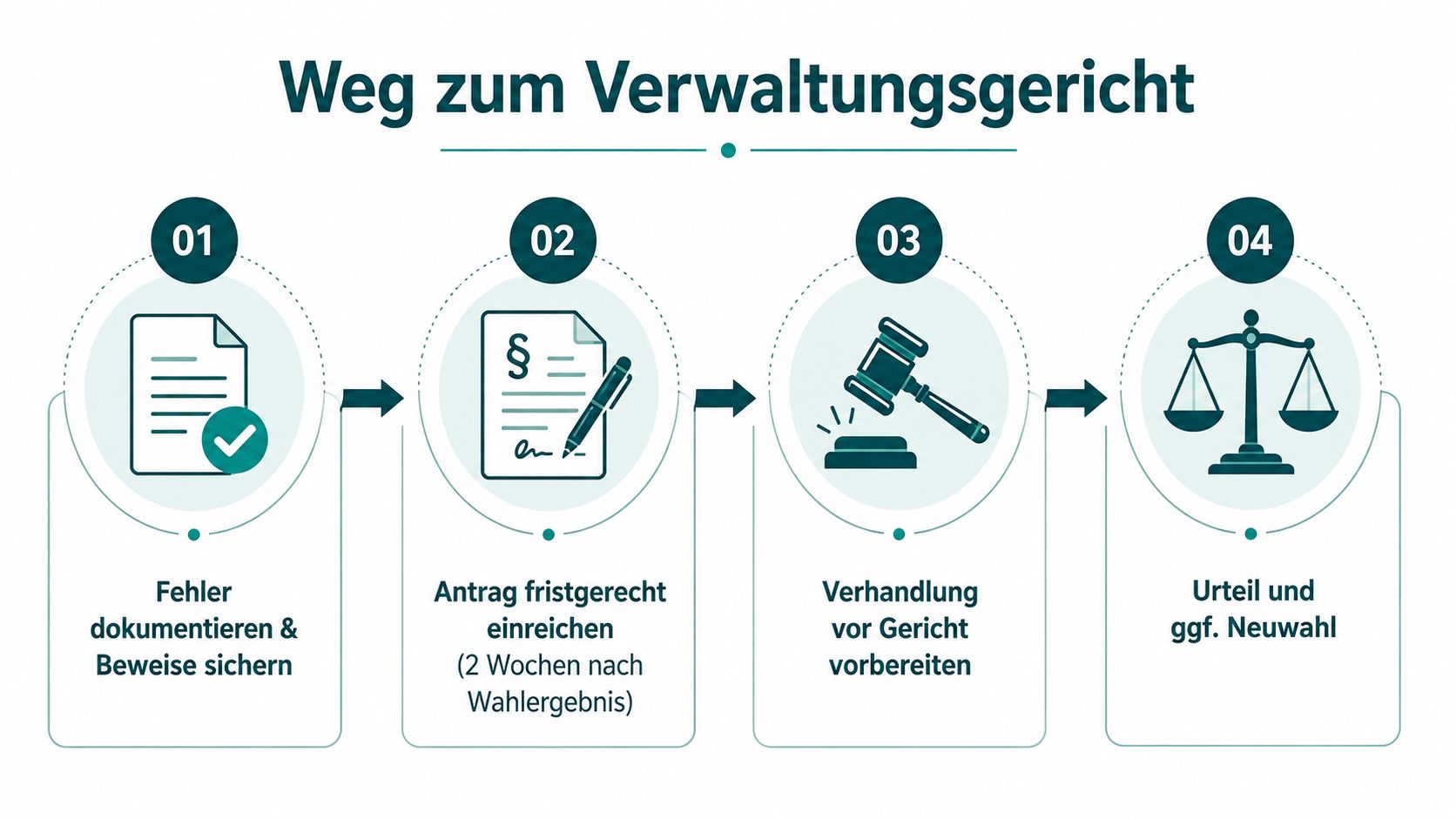 Eine Infografik, die den vierstufigen Prozess zur Anfechtung einer Personalratswahl vor dem Verwaltungsgericht in Deutschland darstellt.