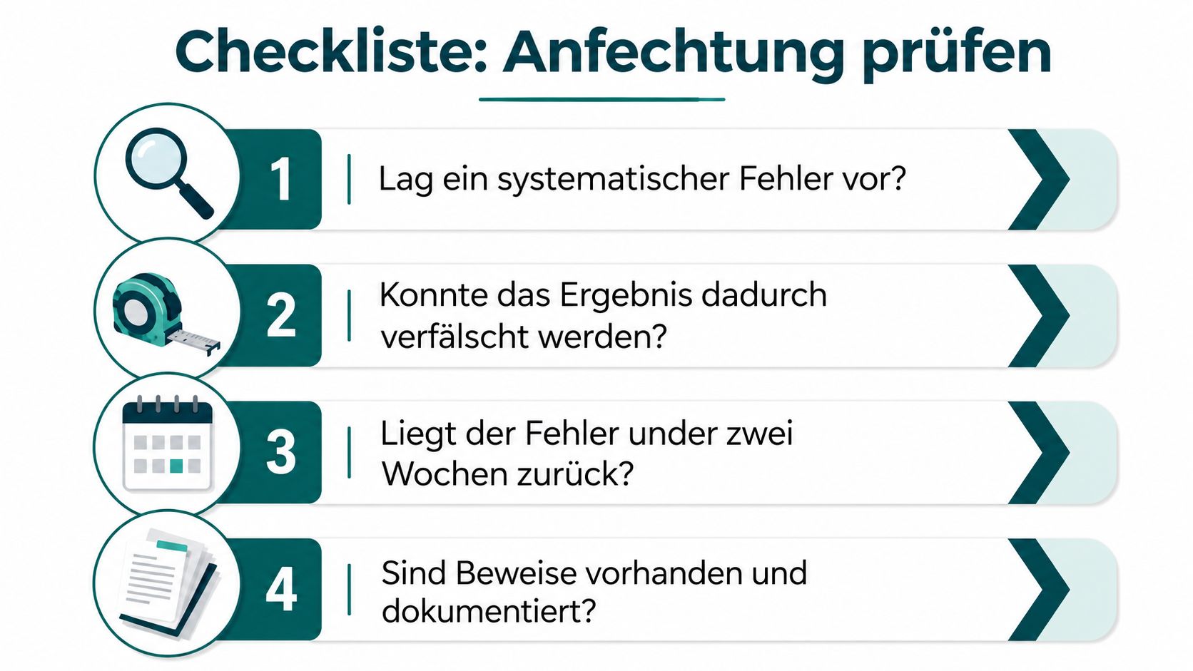 Eine Checkliste zur Prüfung der Anfechtung von Wahlergebnissen mit vier wichtigen Fragen in einer übersichtlichen Grafik.
