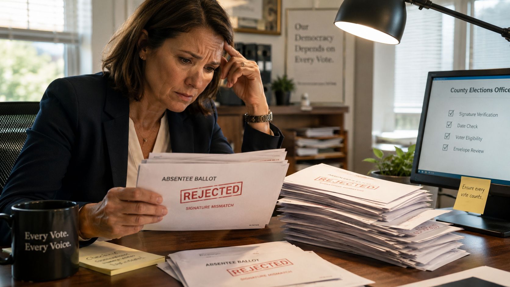 Eine gestresste Wahlhelferin betrachtet einen abgelehnten Stimmzettel in einem Büro vor einem Stapel weiterer Wahlunterlagen.