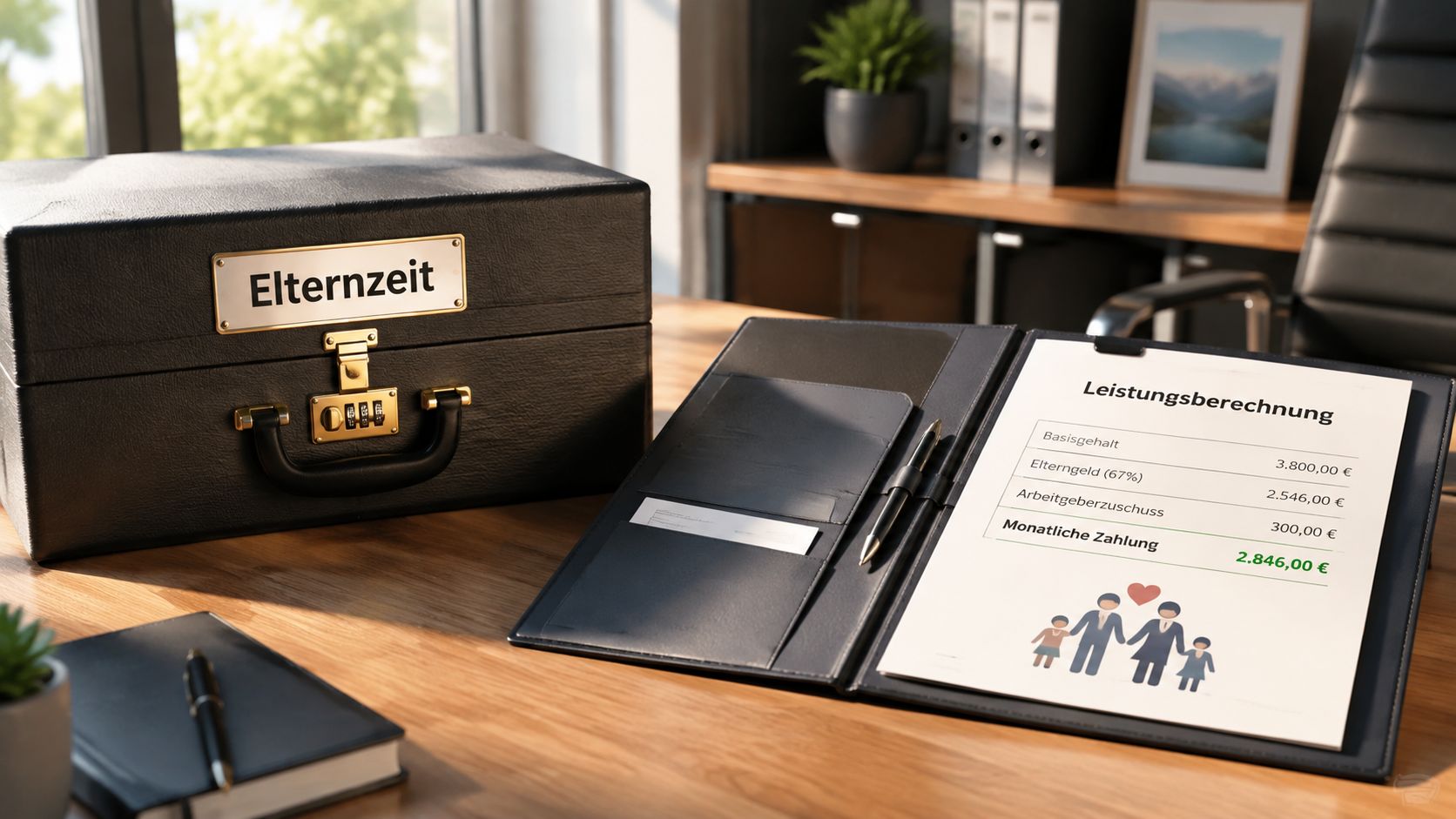 Ein Schreibtisch mit einem Aktenkoffer für Elternzeit und einem Dokument zur Leistungsberechnung der monatlichen Zahlung.
