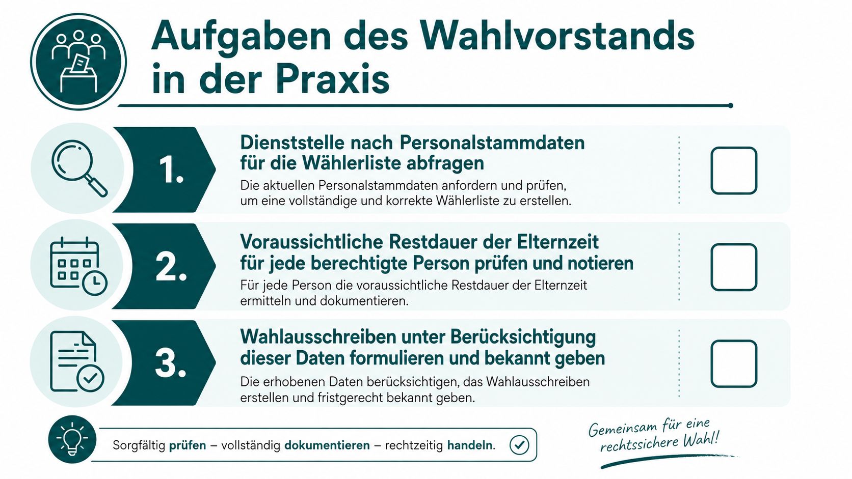 Eine Infografik erklärt drei praktische Schritte des Wahlvorstands zur Erstellung der Wählerliste und Bekanntgabe des Wahlausschreibens bei Elternzeit.